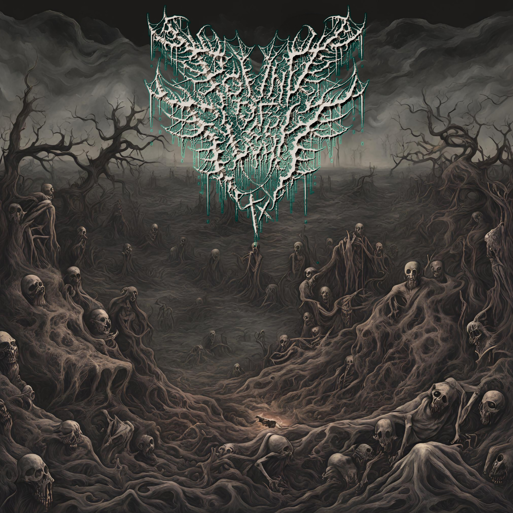 Cover Art for the song Fraud, Skeletons and Dead Trees with the Logo in white glowing a faint light blue.